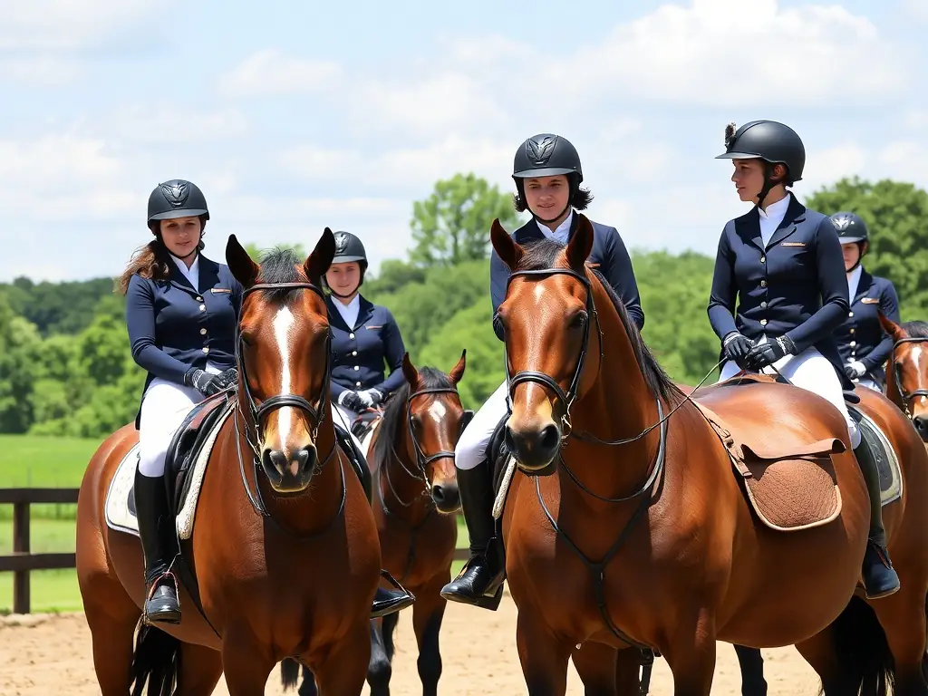 A group of riders participating in an equestrian training session at the Centre Equestre L'Eperon des Crêtes, focusing on skill development and responsible riding techniques.