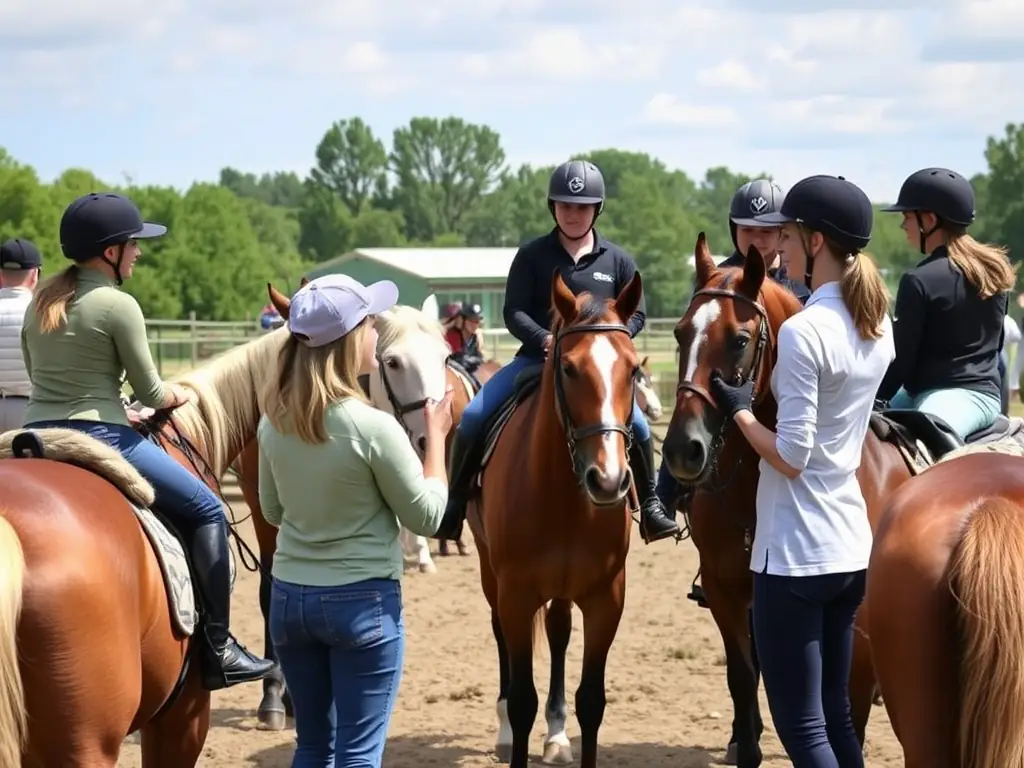 A dynamic image of a group of riders participating in a training session at the equestrian center, focusing on skill development and horsemanship.