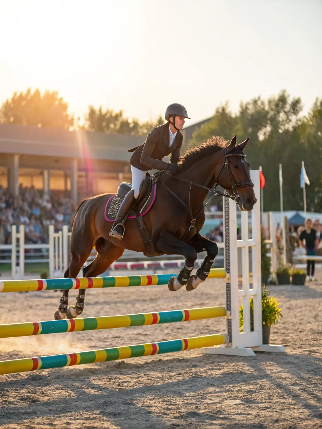 A group of young riders participating in a show jumping clinic at the equestrian center, focused on improving their jumping technique and confidence.