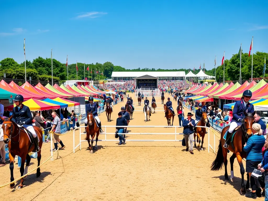 A photograph capturing the excitement of a local equestrian competition, showcasing riders and horses in action with spectators cheering.