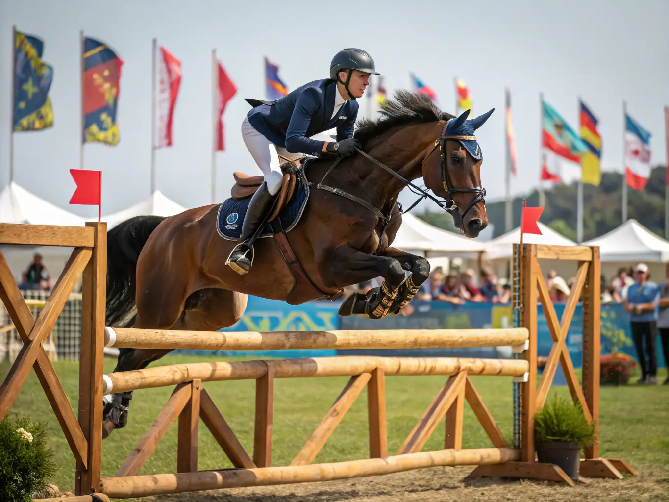 A dynamic photograph capturing the excitement of a local equestrian competition, with riders and horses in action, highlighting the competitive spirit and skill involved.