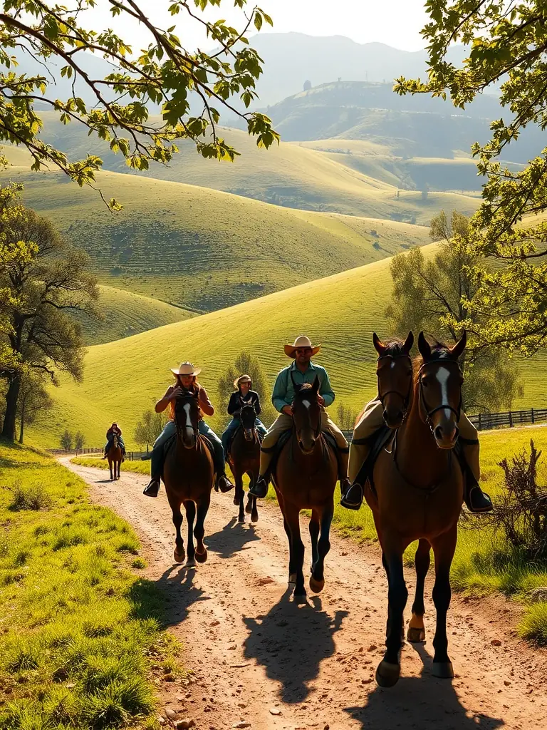 A scenic image of a group of riders enjoying a leisurely trail ride through the countryside, emphasizing the connection with nature and the joy of horseback riding.