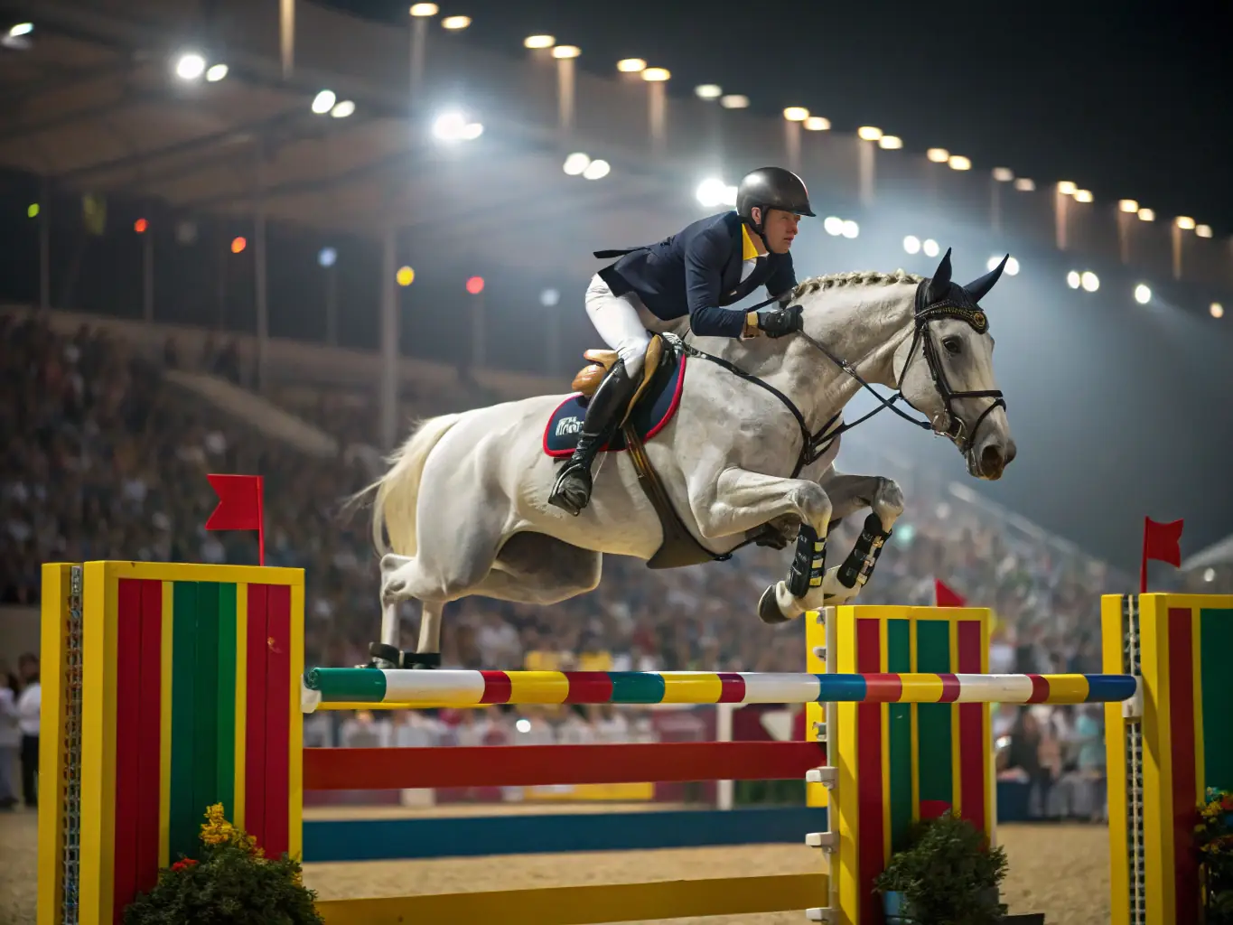 A dynamic shot of horses and riders participating in a show jumping competition at the local equestrian center, showcasing the excitement and skill involved in equestrian sports.