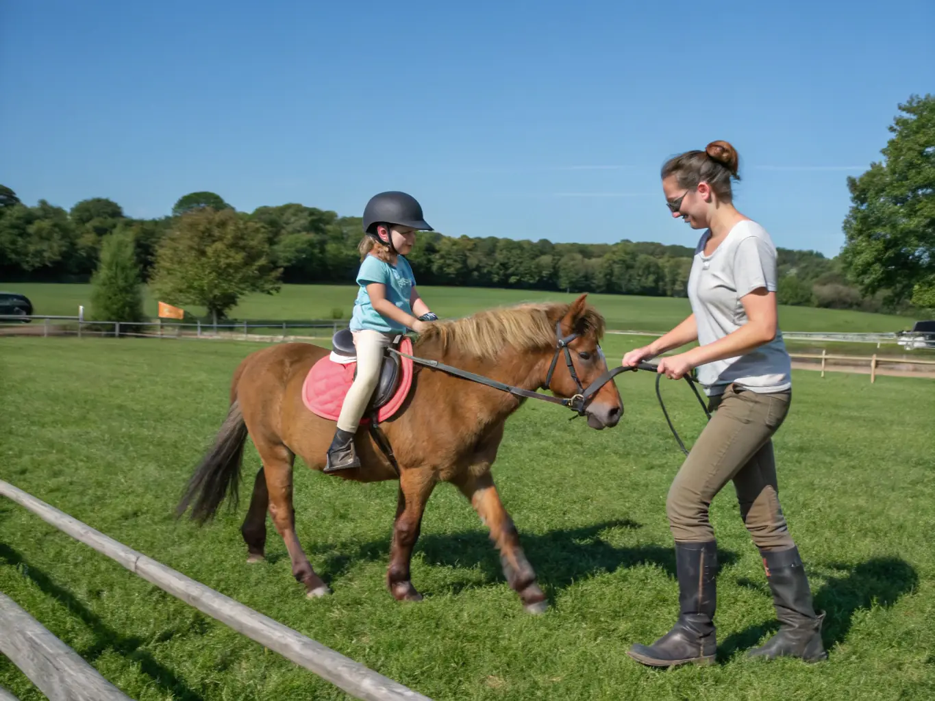 A vibrant image of children participating in a beginner's horseback riding lesson at the equestrian center, showcasing the joy and accessibility of equestrian sports.