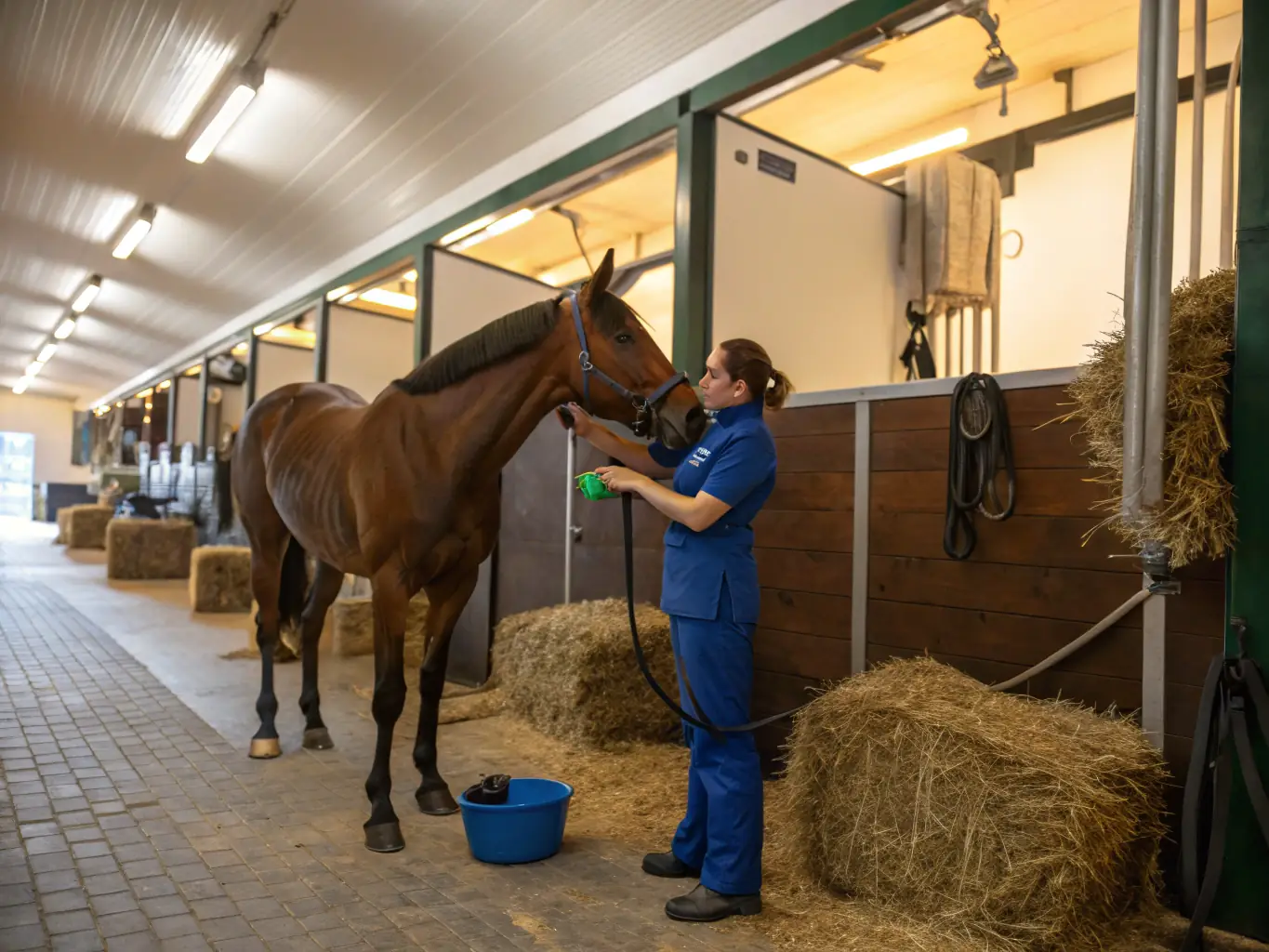 A heartwarming image of volunteers caring for horses at the equestrian center, highlighting the organization's commitment to horse welfare.