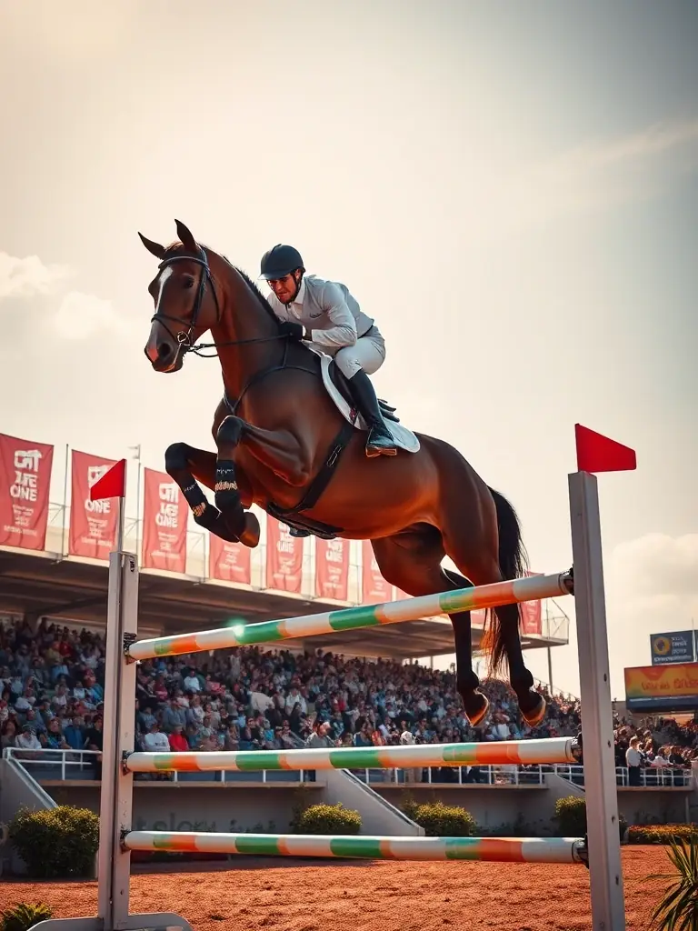 A photo capturing the excitement of a local equestrian competition, showcasing riders and horses in action, with spectators cheering them on.