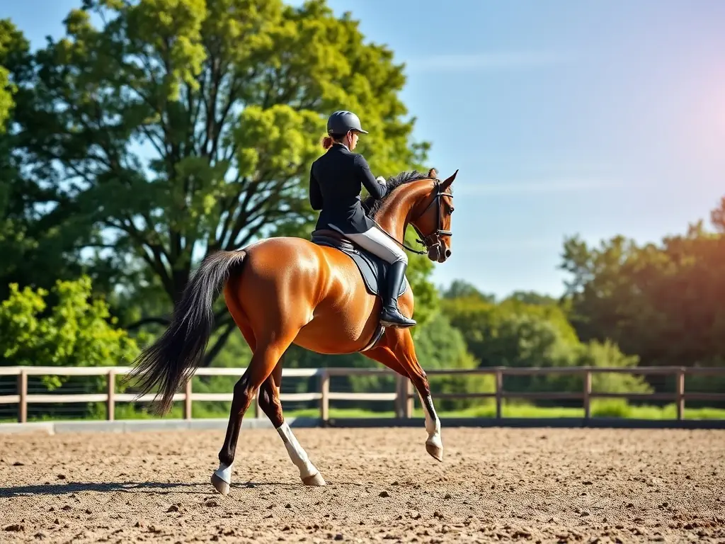 A picturesque scene of a dressage training session, with a skilled rider guiding their horse through elegant movements in a serene outdoor setting.